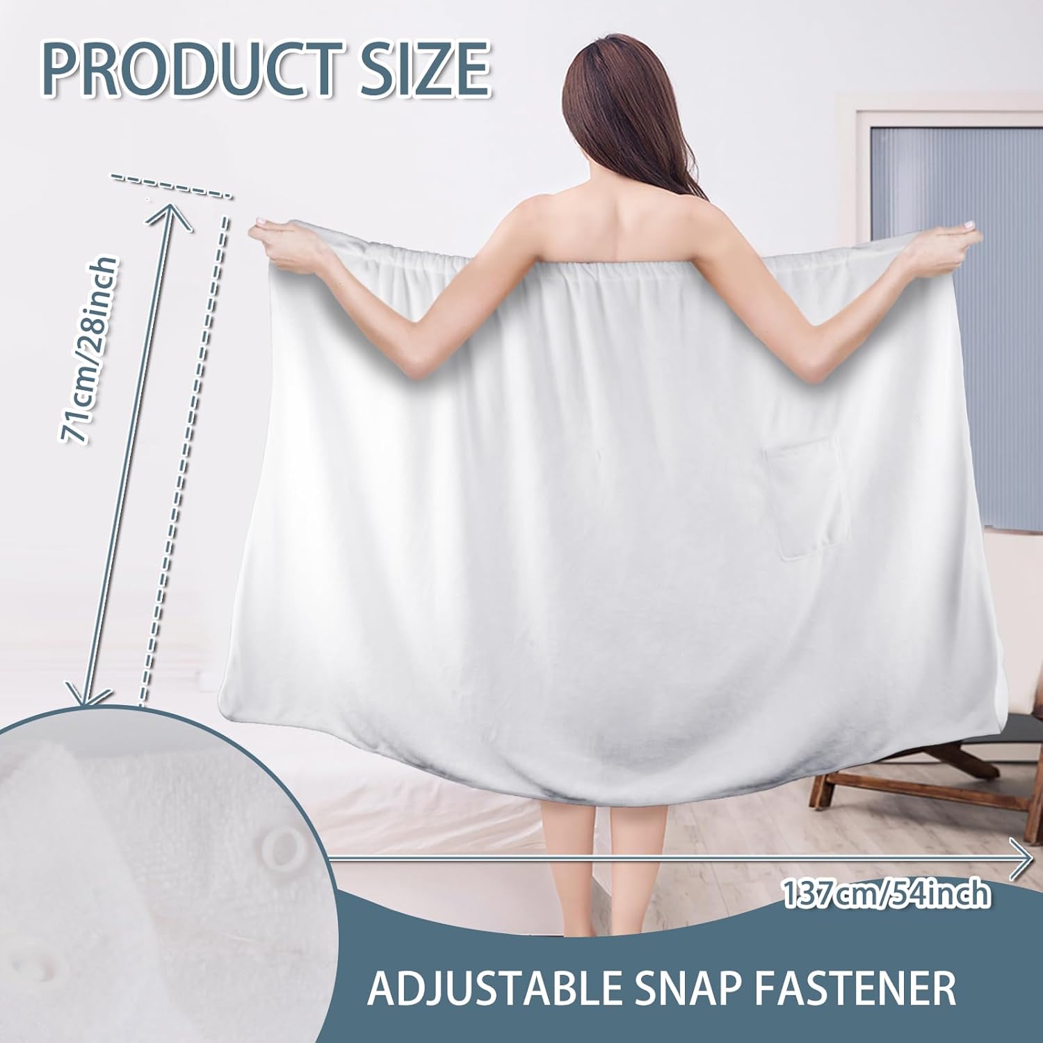 SINLAND Women's Spa Wrap Microfiber Lightweight Knee Length Bath Body Wrap Shower Towels with Adjustable Closure 28 Inch x 54 Inch White - Image 2