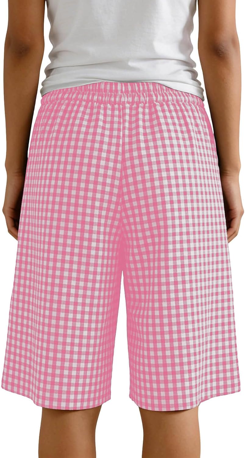 Bermuda Shorts for Womens Gingham Knee Length Imitation Cotton and Linen Pants Baggy Casual Cute Bottoms with Pockets
