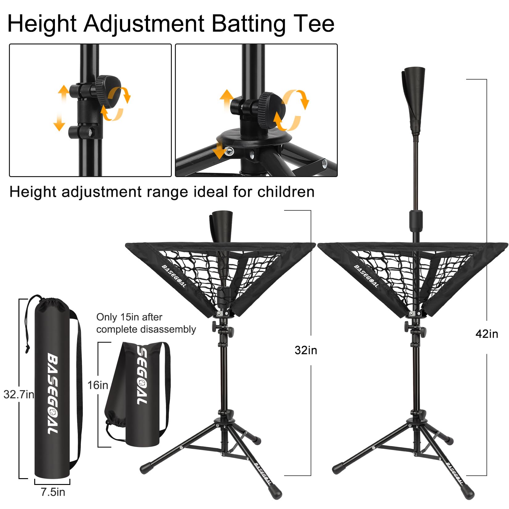 BaseGoal Batting Tee Baseball-T-Shirt, Softball-Reise-T-Shirt, tragbar, Stativ, Gummi-Tee für Schlagtraining, Übungen, mit Baseball-Caddy und Tragetasche