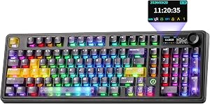 AJAZZ AK980 V2 Pro Mechanical Keyboard, 10000mAh Battery & Dual 8K Tri-Mode Gaming Keyboard with LCD Screen & Metal Knob, Hot Swappable Creamy Keyboard,for Win/Mac(Purple,Lychee Switch)