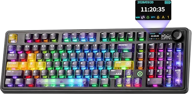 AJAZZ AK980 V2 Pro Mechanical Keyboard, 10000mAh Battery & Dual 8K Tri-Mode Gaming Keyboard with LCD Screen & Metal Knob, Hot Swappable Creamy Keyboard,for Win/Mac(Purple,Lychee Switch)