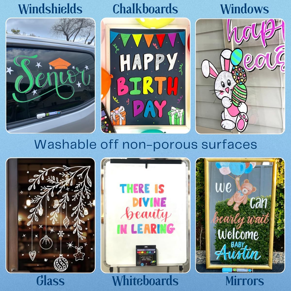 10mm JUMBO Tip Liquid Chalk Drawing Markers for Car Windows, Auto Windshields, Mirrors, White Boards, Retail + Restaurant Signs. Erasable Chalk Markers – Washable – Neon 8pck - 3 writing options