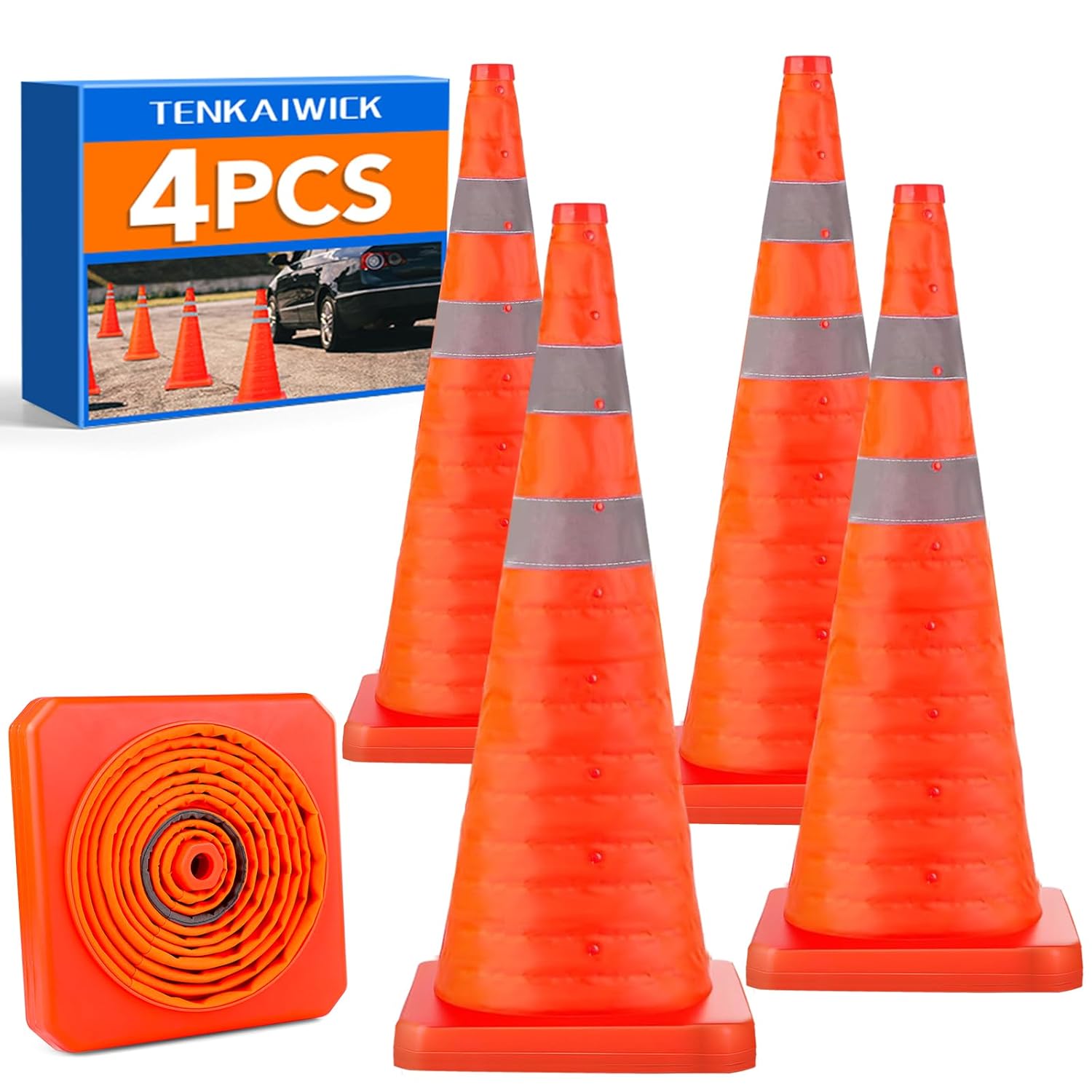 [4 Pack]28 Inch Collapsible Traffic Safety Cones - Parking Cones with Reflective Collars, Orange Safety Cones for Parking lot, Driveway, Driving Training etc