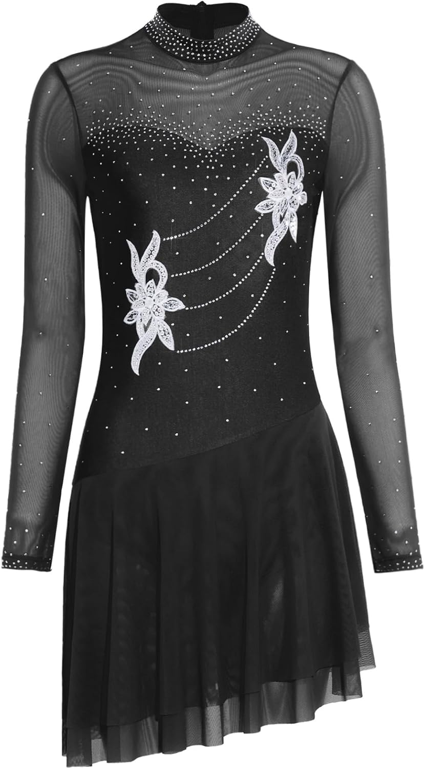 Women's Lyrical Dance Dress Figure Skating Dress | Sequined Applique, Shiny Rhinestone, Asymmetrical Flowy Tulle Skirt Leotard, Contemporary Dancewear, for Competition