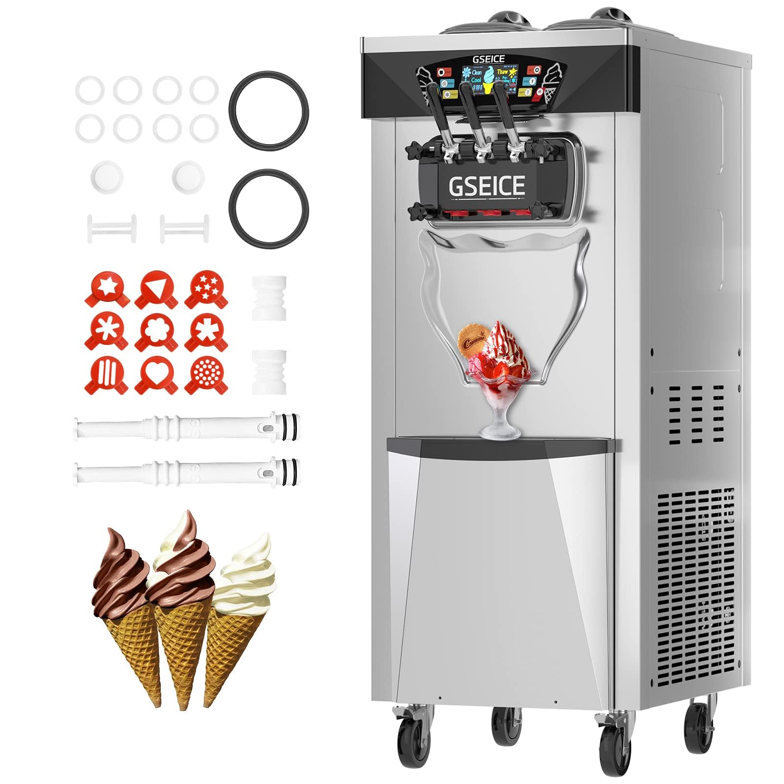 2500W Soft Serve Ice Cream Machine, 6.8-8.4 Gal/H Soft Serve Machine with Precooling & Refrigeration, LED Panel, 2+1 Flavors Commercial Ice Cream Machine with 8L Hoppers 2.0L Cylinders
