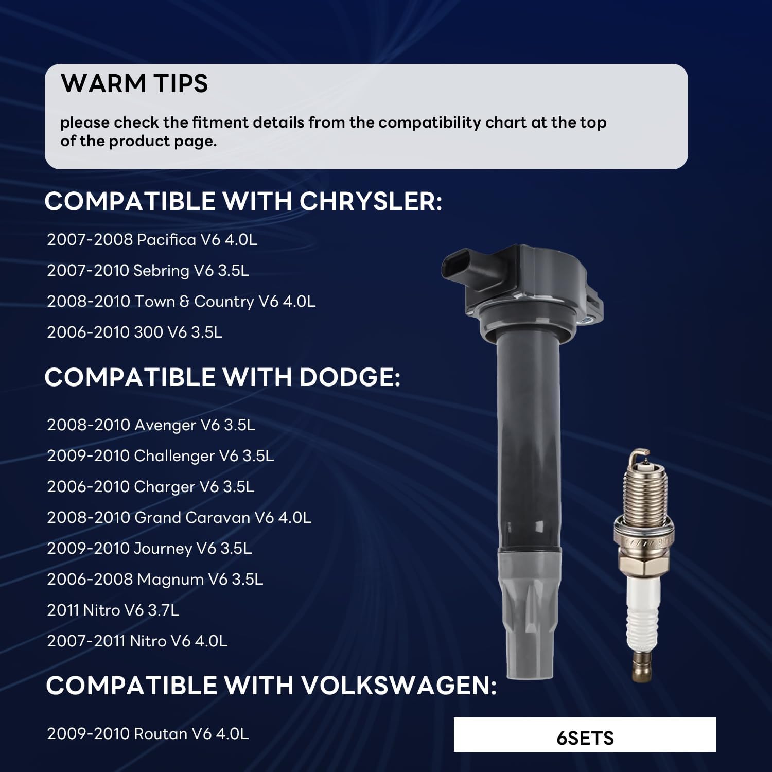 Ignition Coil Pack UF502 and Iridium Spark Plugs (Set of 6) Compatible with Dodge Charger Nitro Grand Carava 3.5L 3.7L 3.8L 4.0L 5.7L 6.1L V6 V8, For C1522 4606869AA