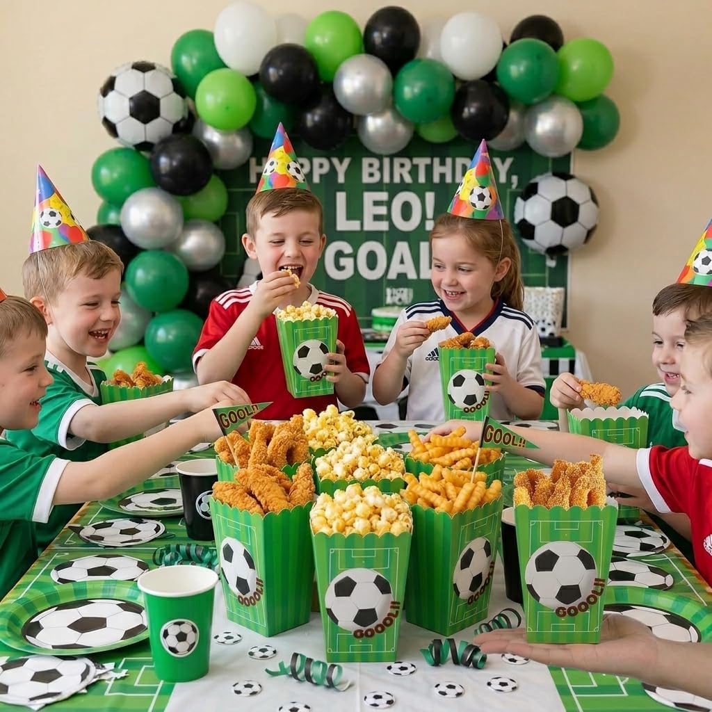 Soccer Party Popcorn Boxes, 30 Pack Green Football Themed Birthday Decorations, Disposable Paper Snack Containers for Sports Events Game Day Celebration