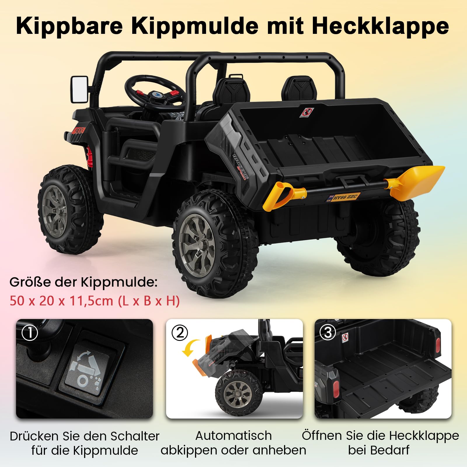 COSTWAY Kinder Elektroauto 2 Sitzer, 12V Kinderauto mit elektrischer Kippmulde, Schaufel & 2,4GHz Fernbedienung, Elektrofahrzeuge mit Musik, Hupen und Scheinwerfer, für Kinder ab 3 Jahren (Schwarz)