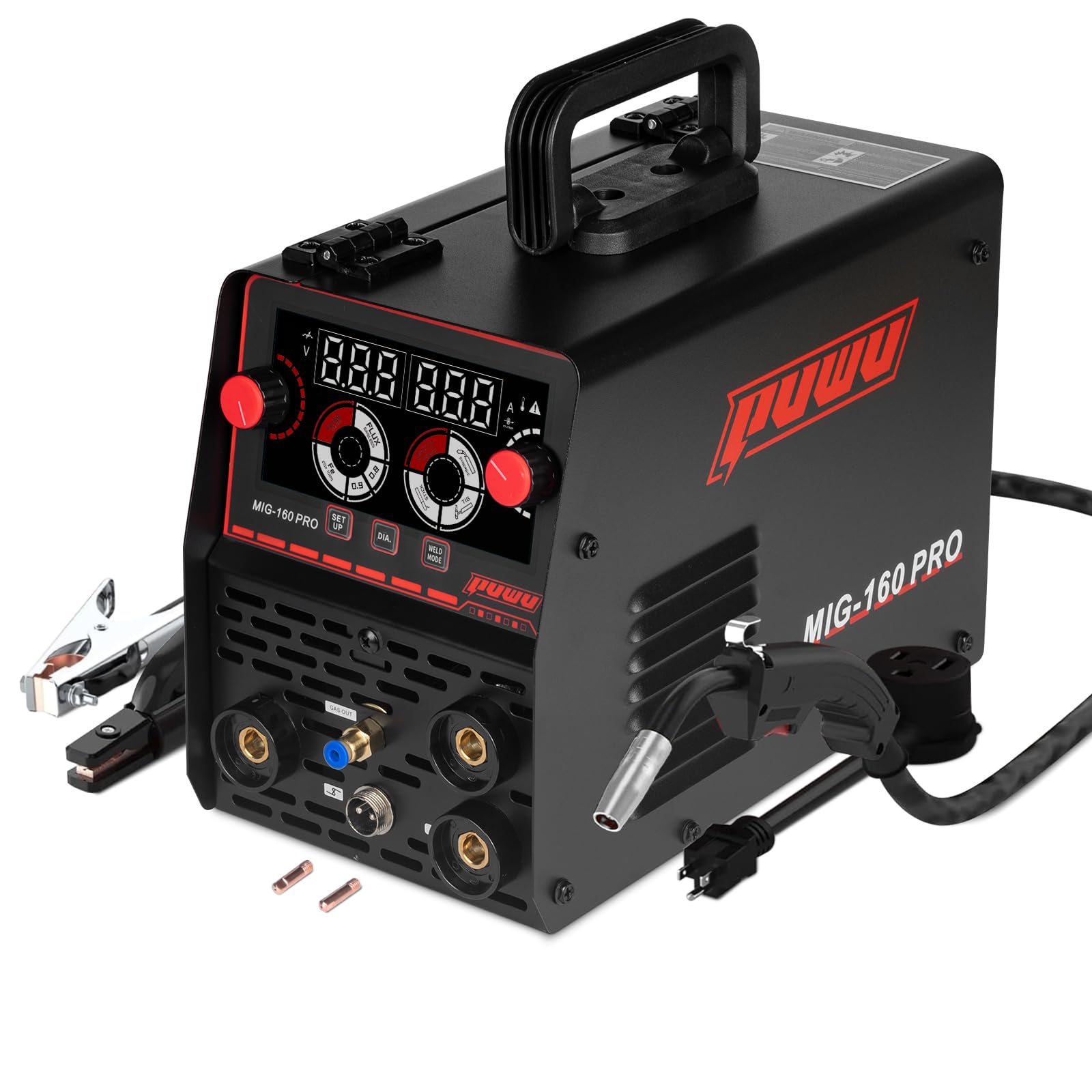 PUWU 160Amp Multiprocess MIG Welder, Gasless Flux Core/Gas MIG 