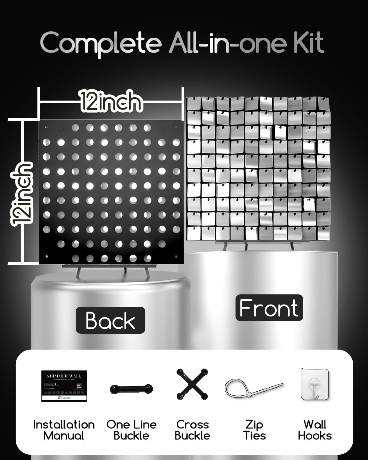cokaobe problack series shimmer wall backdrop 36 pcs, silver square sequin glitter backdrop panel, black back not see-through design, perfect for birthday graduation wedding and party decoration silver 36pcs