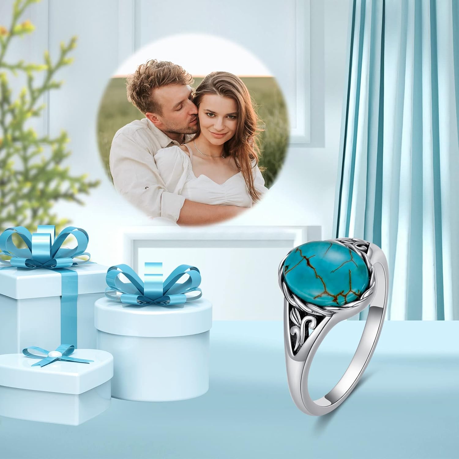 Turquoise Vintage Ring for Women, S925 Sterling Silver Oval Cut Natural Turquoise/Moonstone//Black Onyx Boho Turquoise Jewelry for Birthday Mother's Day Christmas - Image 2