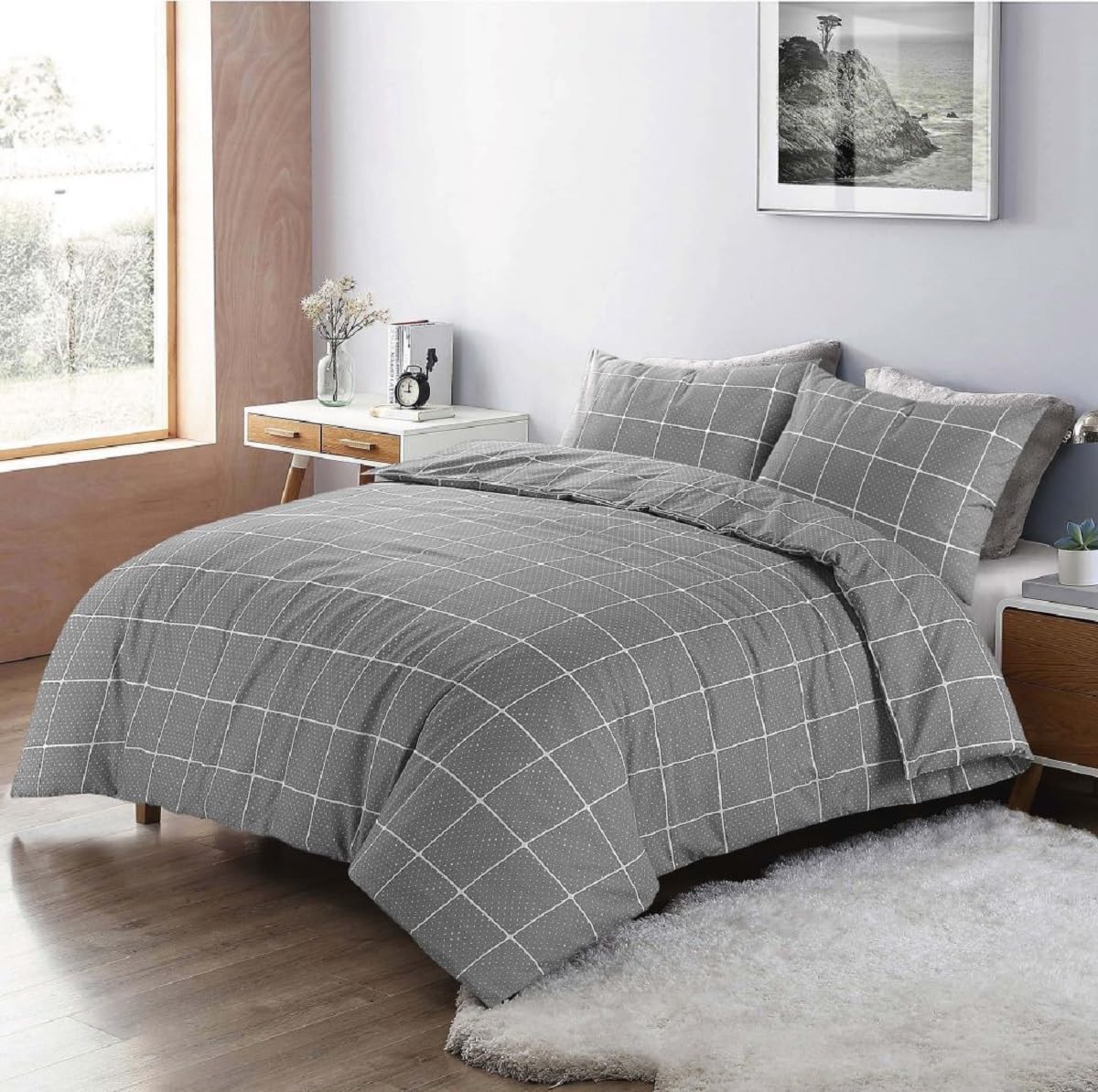 KARKARM Mateo Grey Grid Duvet Cover Double Square Pattern Duvet Cover Set with Pillow Cases Reversible Checkered Comforter Covers Geometric Plaid Print Bedding Sets