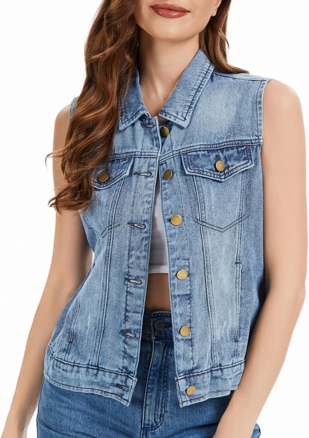 Ellunis Women's Denim Vest Button Down Jacket W Chest Flap Pockets 2025 Washed Distressed Sleeveless Jean Jacket