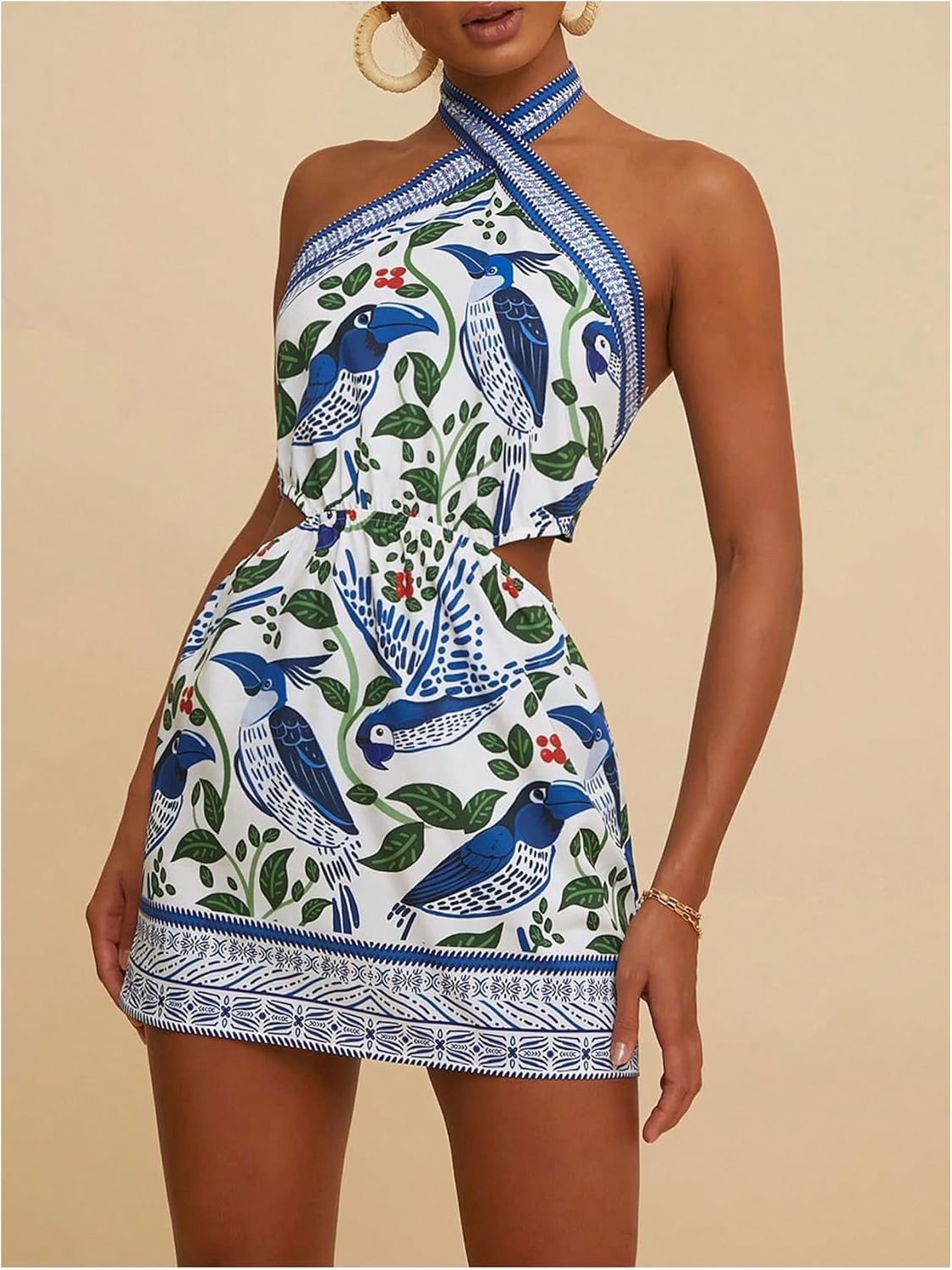 MakeMeChic Women's Boho Mini Dress Summer Beach Vacation Halter Dresses Floral Sundress - Image 3