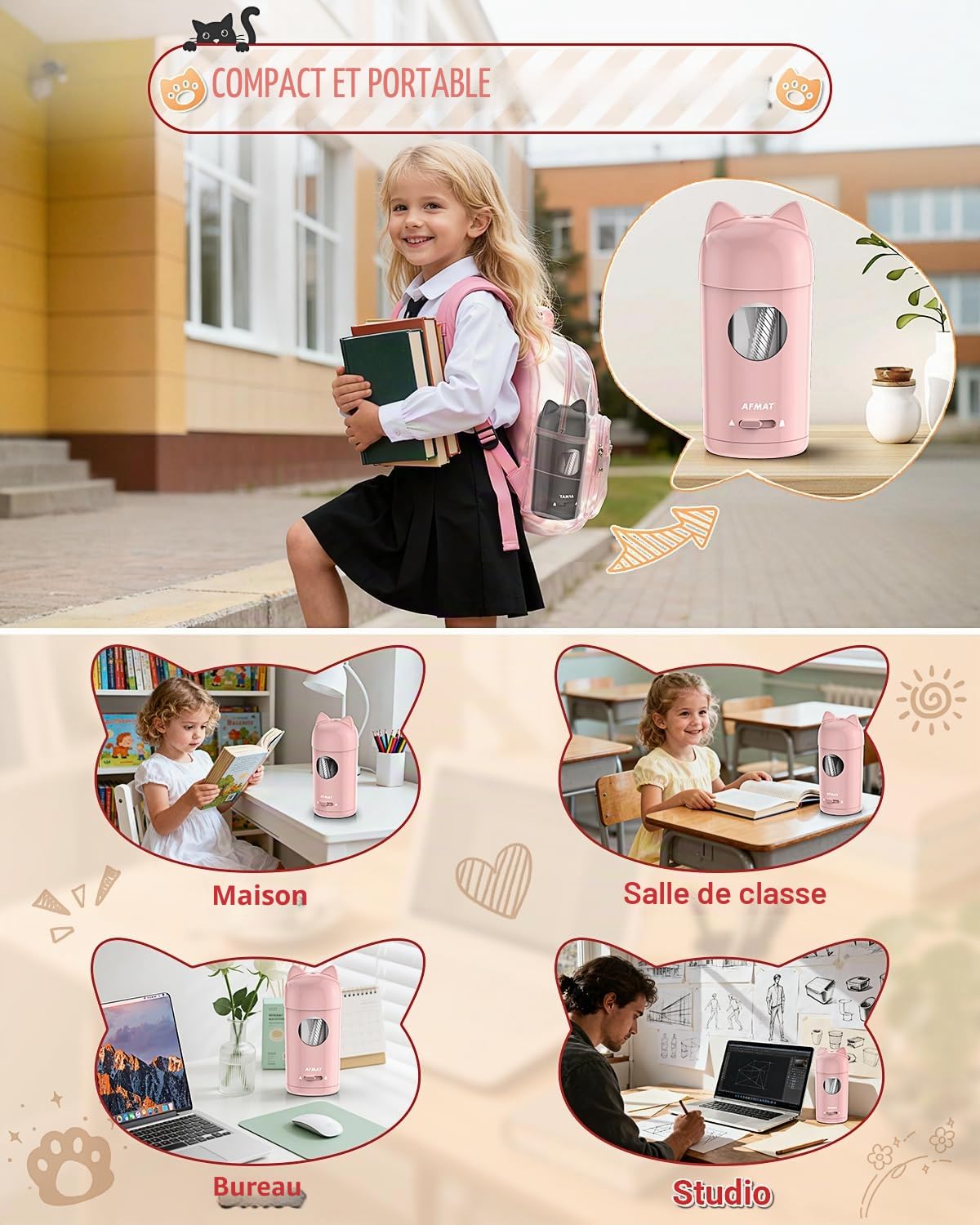 AFMAT Taille-crayon électrique entièrement automatique avec oreilles de chat, entrée et sortie automatique, rechargeable, avec récipient pour crayons de 7 à 8 mm, arrêt automatique pour la maison, le