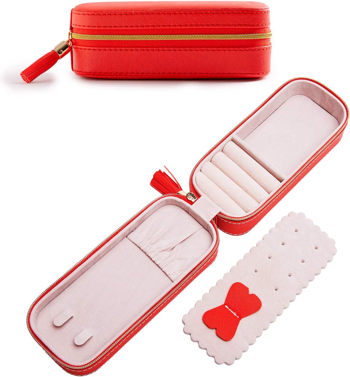 SANQIANWAN Small Jewelry Travel Organizer Box with PU Leather Portable Jewelry Storage Case for Necklace Rings Earrings, Tassels design of jewely case gifts for mother, Girlfriend and lover,16.5*7.5*6
