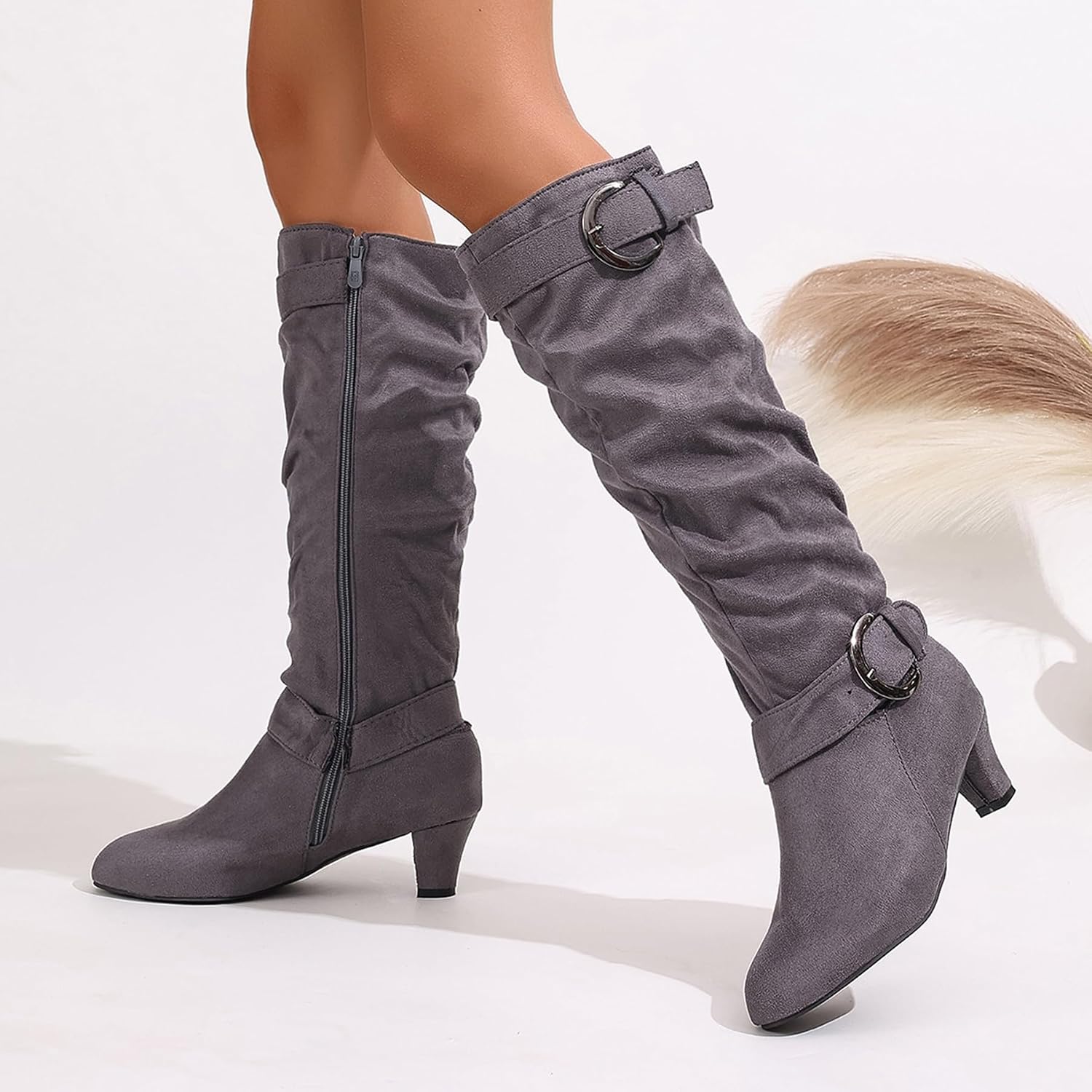 Gicoiz Women Comfortable Kitten Heels Slouch Riding Boots