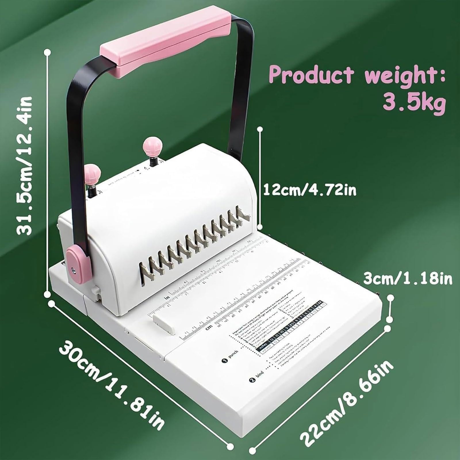 Bindownica Cinch Z 12 Otworami, Segregator Spiralny | Dziurkacz do Bindowania z Przedłużoną Linijką i Regulacją Nacisku, Pojemność 20 Arkuszy, do Notesów i Kart DIY(white)