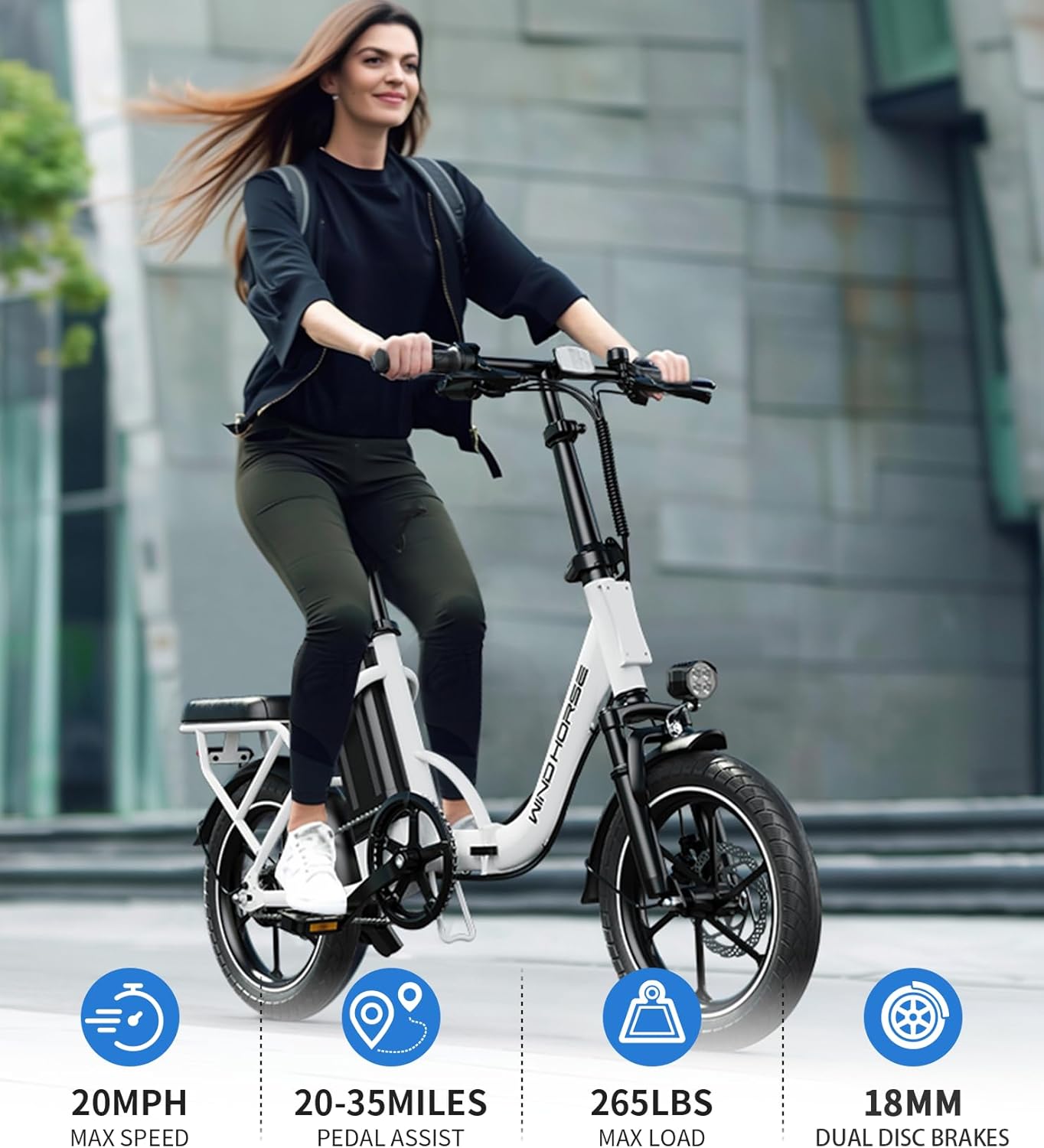WINDHORSE 16" Folding Electric Bike for Adults, 630W Peak Motor, 20MPH, 19–35 Miles Pedal Assist Range, LCD Display, Suspension, Dual Disc Brakes, Removable Battery, Commuter Ebike (Pure White)