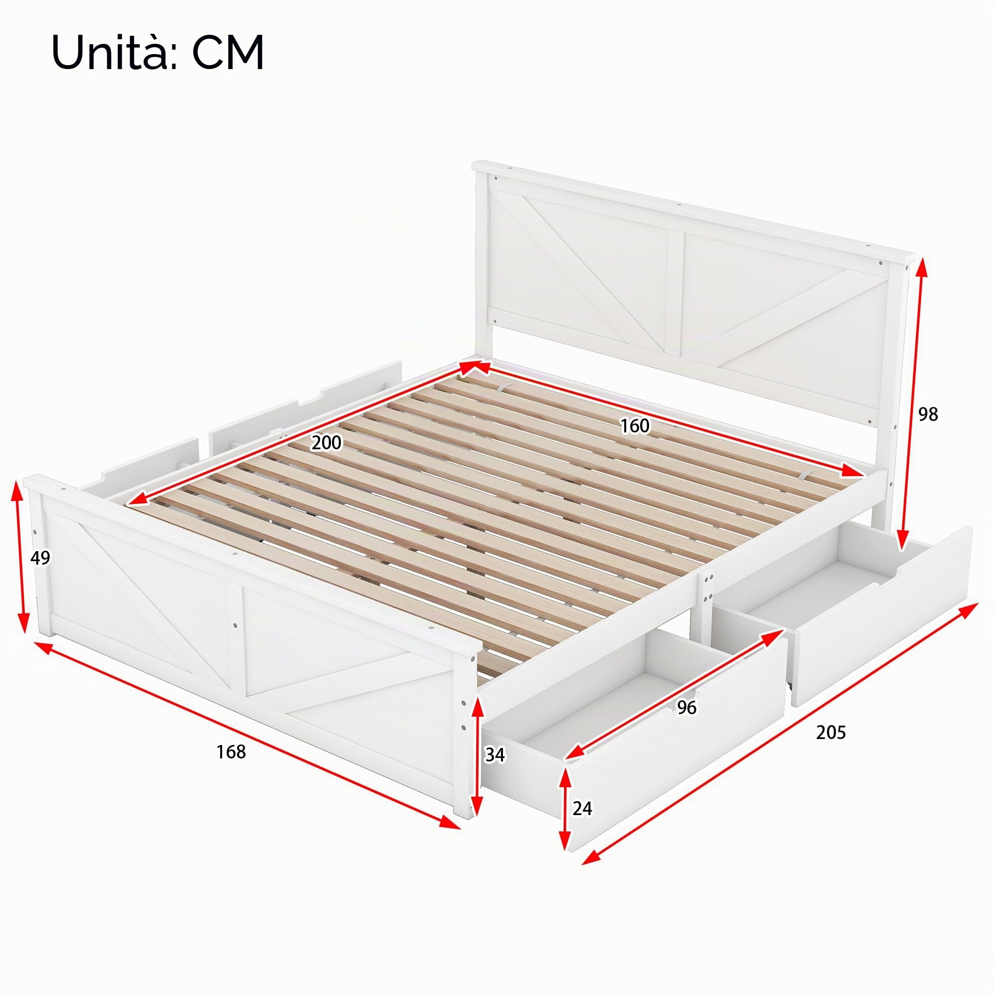 Letto matrimoniale 160 x 200 cm, semplice letto matrimoniale in legno con quattro cassetti, realizzato in legno massello e MDF (bianco)