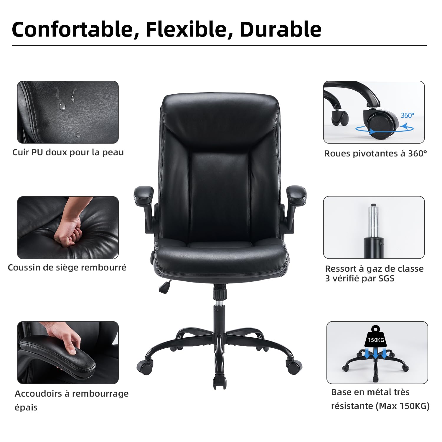 MZLEE Chaise de Bureau Ergonomique en Cuir, Fauteuil Confortable, Noir | Accoudoirs Relevables, Support Lombaire, Hauteur Réglable