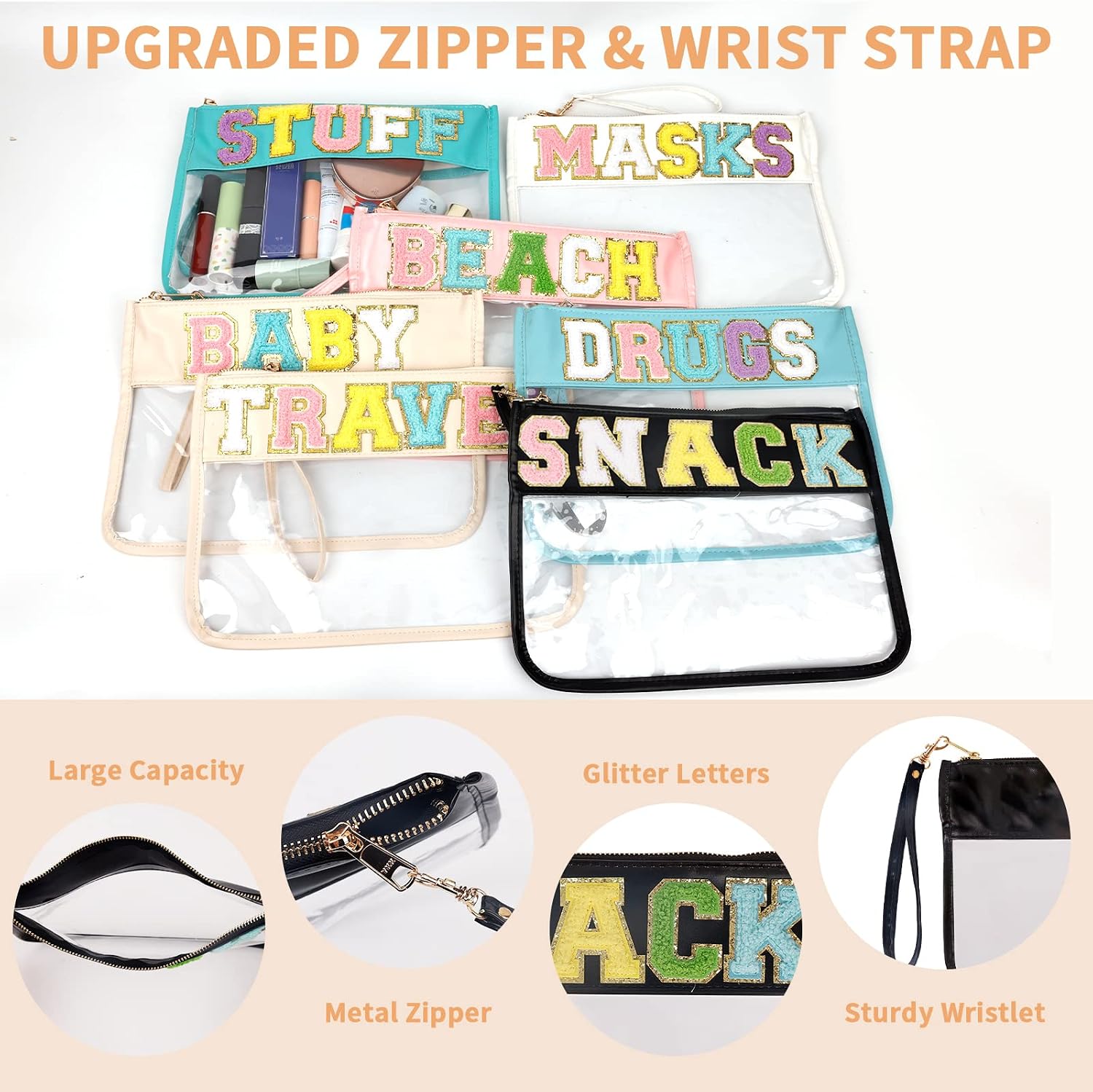 Iqimott Chenille Letter Clear Bag Snack Pouch, Monogram PVC & PU Makeup Cosmetic Bag Zipper Toiletry Pouch, Waterproof Portable Purse Travel Beach Snack Wristlet Bags for Women Girls(Snack, Black) image 3