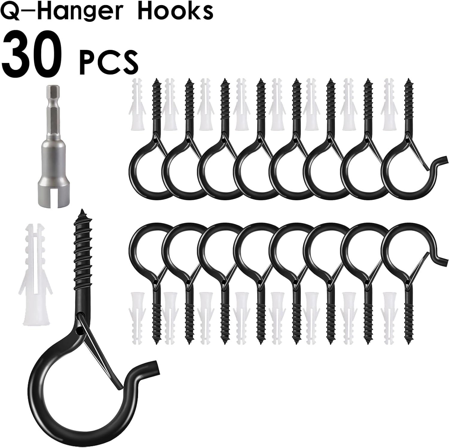 30 PCS Q-Hanger Hooks with Safety Buckle, Windproof Screw Hooks for Hanging Outdoor String Lights, Christmas Lights, Plants, and More