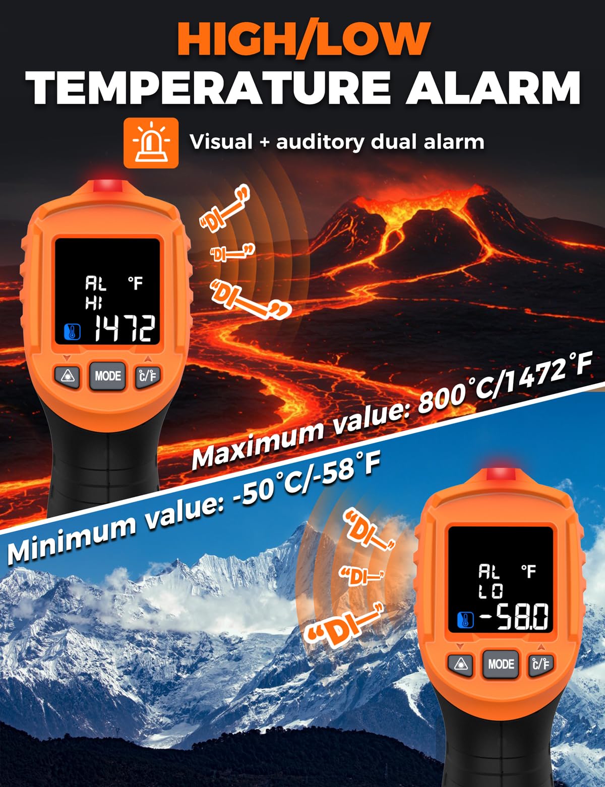 IM06MAX Digitales Infrarot Thermometer Laser -50°C bis 800°C mit K-Typ-Sonde, IR Pyrometer Temperaturmessgerät mit Taupunkterkennung für Industrie, HVAC, Kochen & Kfz-Reparatur