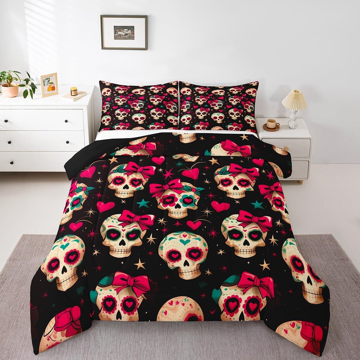 Feelyou Skull Comforter Set Queen Size Bow Ties Comforter for Boys Girls Teens Heart Bedding Set Star Print Duvet Set Room Decor Rose Black Quilt Set