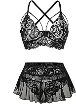 Sexy Mini Skirt with Thong Floral Lace Sheer Bralette Lingerie Set 3 Piece Otufits