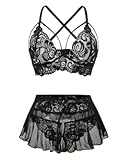 Sexy Mini Skirt with Thong Floral Lace Sheer Bralette Lingerie Set 3 Piece Otufits