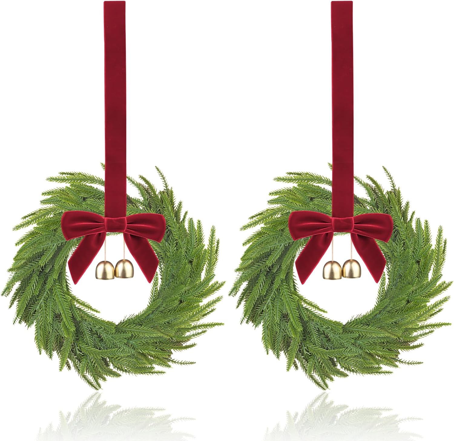 Edussy 2 pcs 12 inch Small Christmas Wreath, Mini Wreaths for Cabinets with Red Bows and Bells,Artificial Small Window Wreaths Indoor for Christmas Kitchen,Stairs Railing and Chairs Decor
