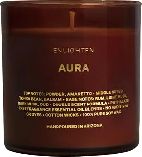 ENLIGHTEN Aura Candle | Unique Powder, Amaretto, Rum Scent | Double Scent Load for Enhanced Aroma | Eco-Friendly, Hand-Poured Soy Wax | Hand-Poured in Modern 12oz Amber Glass | Made in USA