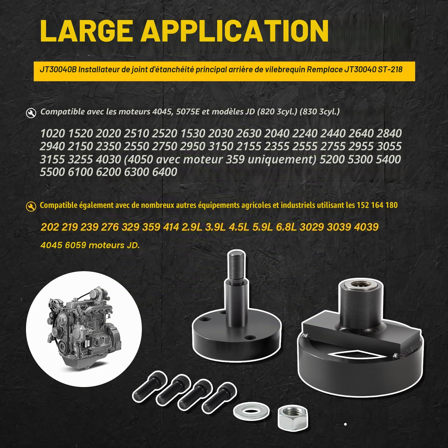 JT30040B Installateur de joint principal arrière de vilebrequin, convient pour John Deere 4045 152 164 180 202 219 239 329 359 414 Outil d'installation de moteur, remplace JT30040, KCD10002A, ST-218
