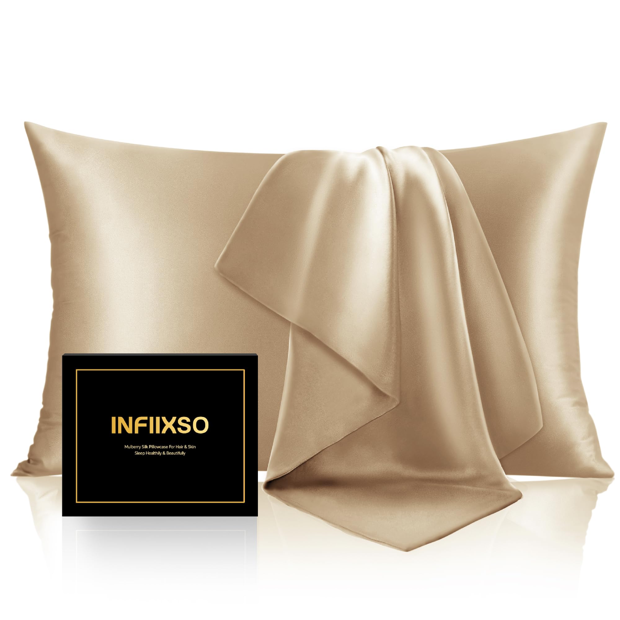 INFIIXSO Mulberry Silk Pillow Case King Size Set of 2, Silk Pillowcase with Hidden Zipper 20"x36", Extraordinary Smooth and Soft Pillow Cases for Hair and Skin(Champagne, 2 Pack)