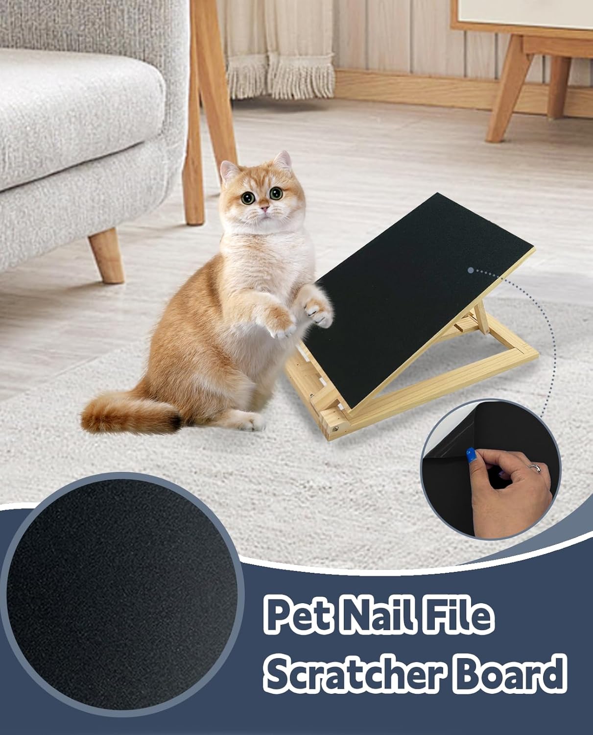 review Cat Nail File Scratching Board with Ramp, Tilted Cats Scratcher That Files Nails, 3 Adjustable Height Wooden Kitten Scratch Pad with Replaceable Sandpaper & Teasing Stick for Kittens (Black)