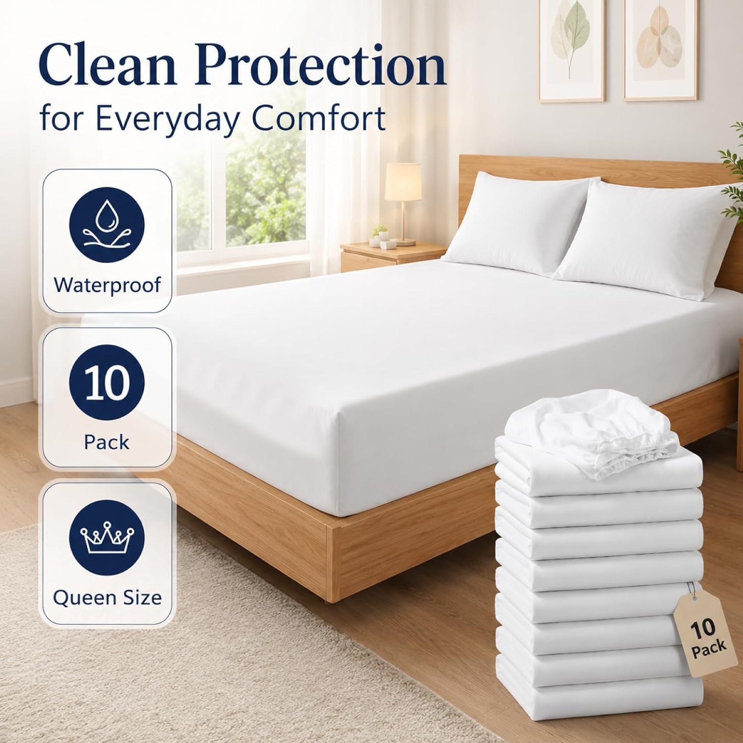 SmoothNovelty 10 Pack Mattress Topper Cover Memory Foam Protector Queen Size Waterproof White Mattress Pad with Deep Pocket 3"-15" Depth, Soft & Breathable Bed Cover for Hotel Dorm Room Bedroom