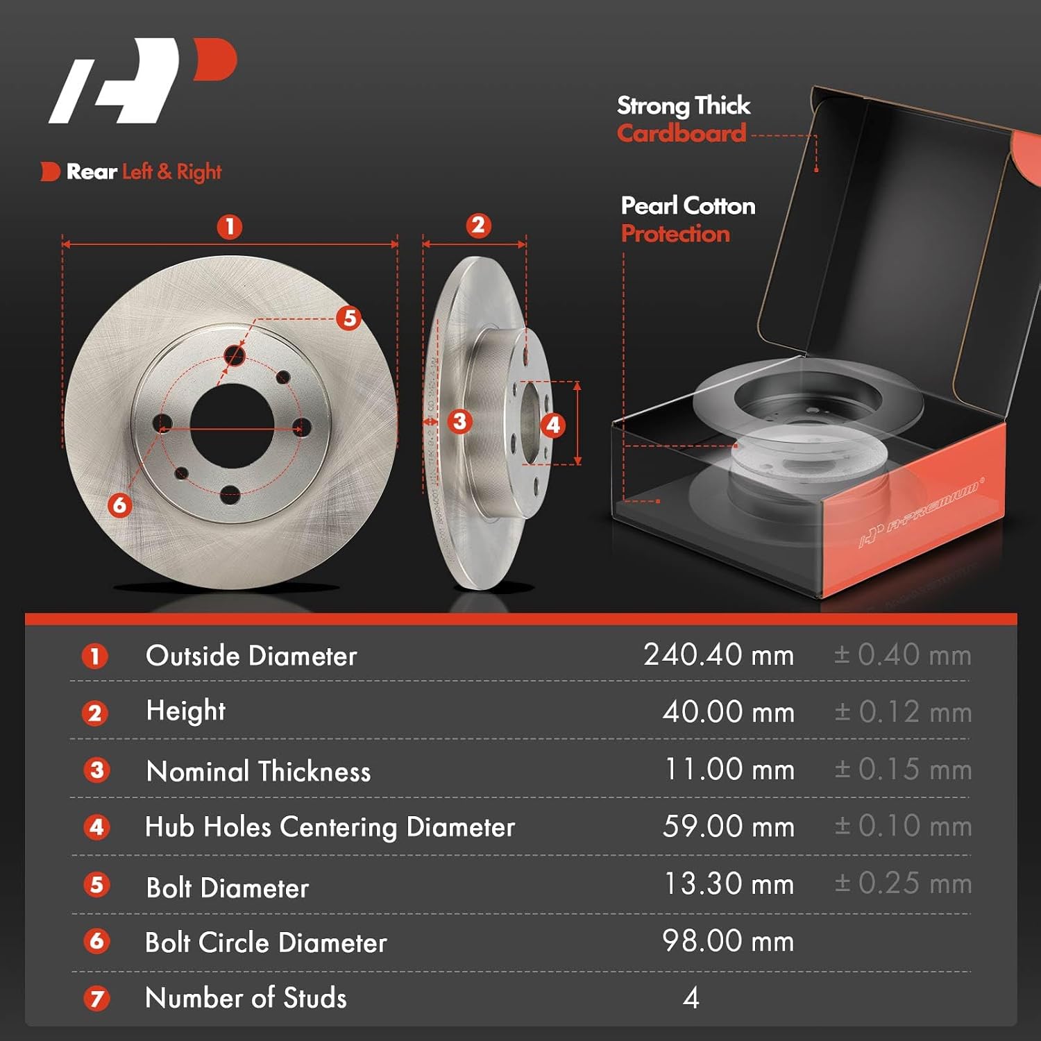 A-Premium 9.45 In (240mm) Rear Solid Brake Rotors and Ceramic Pads Kit | Compatible with Fiat Models - 500 2012-2017/2019, 6-Pack