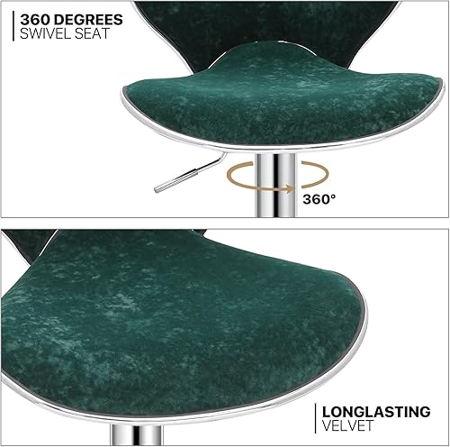 Miniatura 6 de MoNiBloom Juego de 4 taburetes de bar de terciopelo verde, elegantes taburetes de bar de altura de mostrador con función giratoria, base de metal