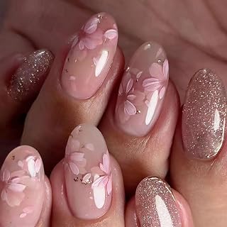 Spring Press on Nails Short Oval Fake Nails with Pink Flower Designs Nude Nails Press ons Glossy Glue on Nails Glitter Cute Acrylic Nails Artificial Stick on Nails for Women 24Pcs