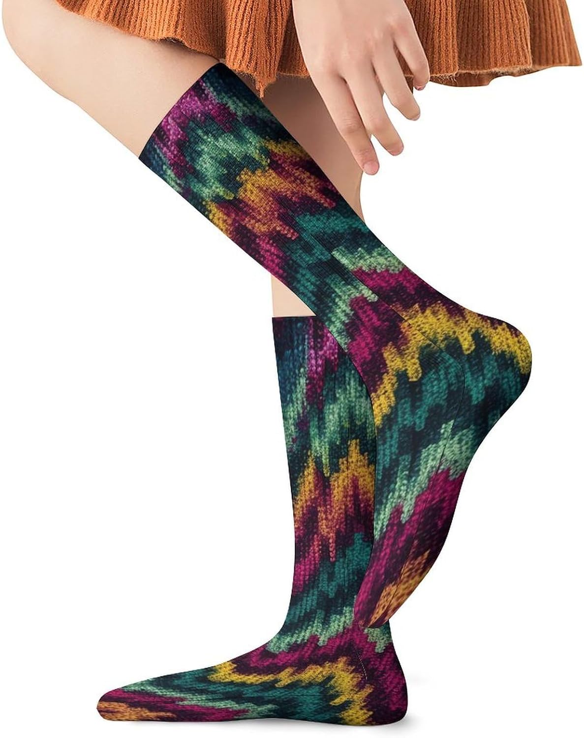 Breathable Crew Sock, Moisture Wicking, Athletic Calf Socks, Cozy | Colorful Knitted Pattern Compression Socks for Women Men, Lightweight High Work Socks for Business, Casual