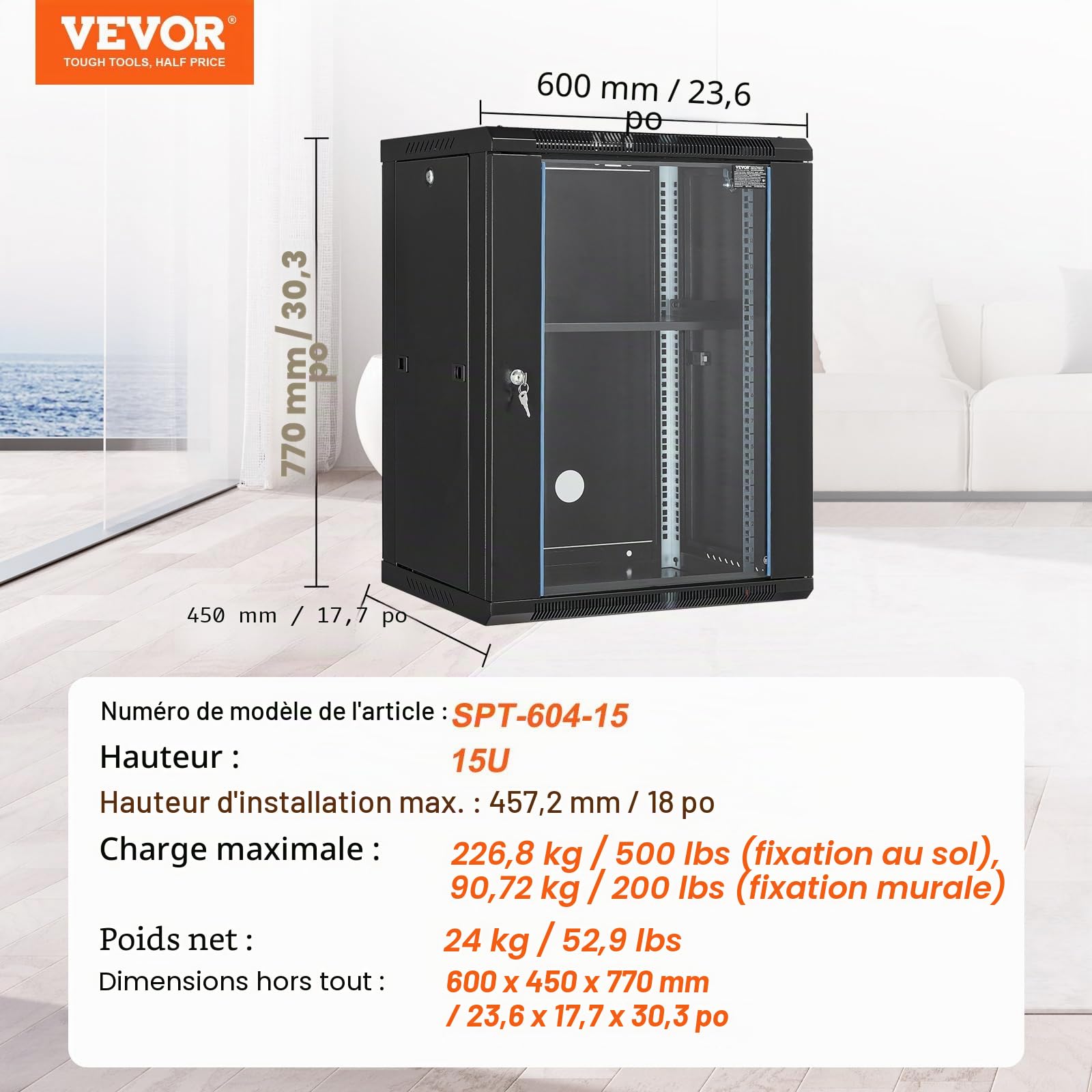 VEVOR Armoire de Serveur Mural 15U, Boîtier Rack Réseau avec Roulettes, Charge 226,8 kg, Porte Verre Trempé Verrouillable, Acier Q235