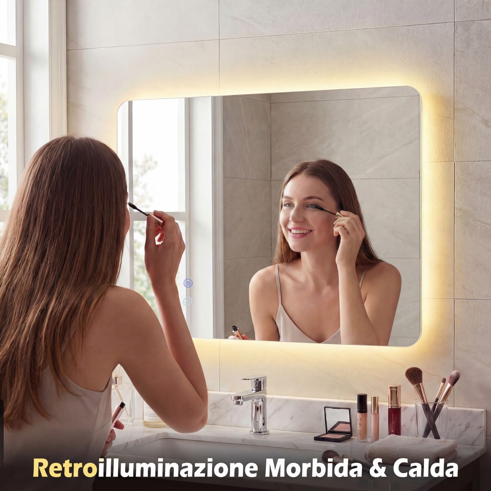 COSTWAY Specchio da Bagno Rettangolare con LED, Specchio da Parete con Luminosità Regolabile, Retroilluminato, Touch Intelligente, Vetro Temperato con Memoria e Anti-Appannamento (70 x 50 x 2,8 cm)