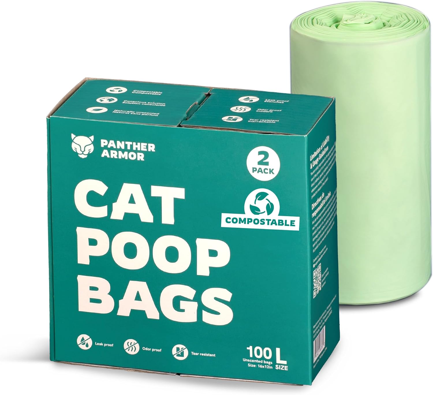 Panther Armor Litter Bags – 200x Unscented Compostable Cat Poop Bags 16x12in Super Large Cat- Kitty Leak Proof Box Trash, Odor Proof Cat Litter Disposal Bags