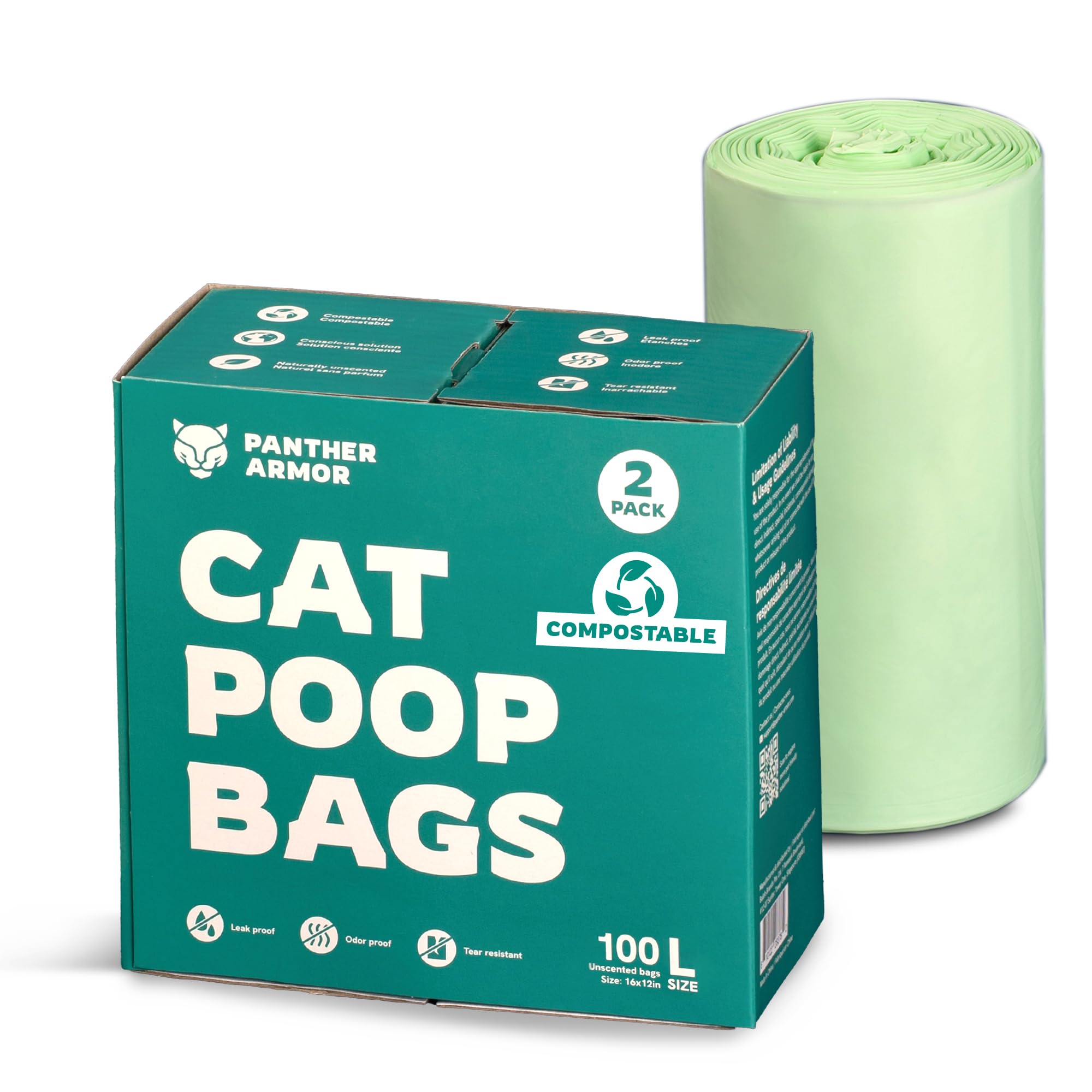 Panther Armor Litter Bags - 200x Unscented Compostable Cat Poop Bags 16x12in- Kitty Leak Proof Box Trash, Odor Proof Litter Disposal Bags