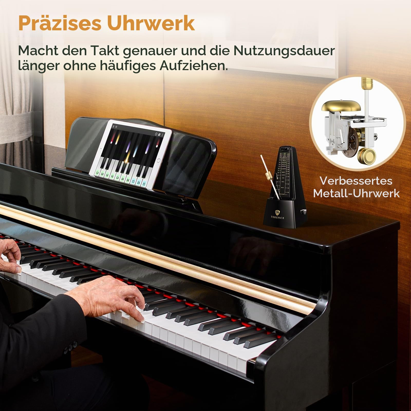 TERENCE Mechanisches Metronom Hochpräzises Metronom Lauter Ton, Geeignet für Klavier Violine Keyboard Bass Gitarre Guzheng Trommel Qinge Geeignet für Erwachsene, Kinder, Anfänger, Profi, Schwarz