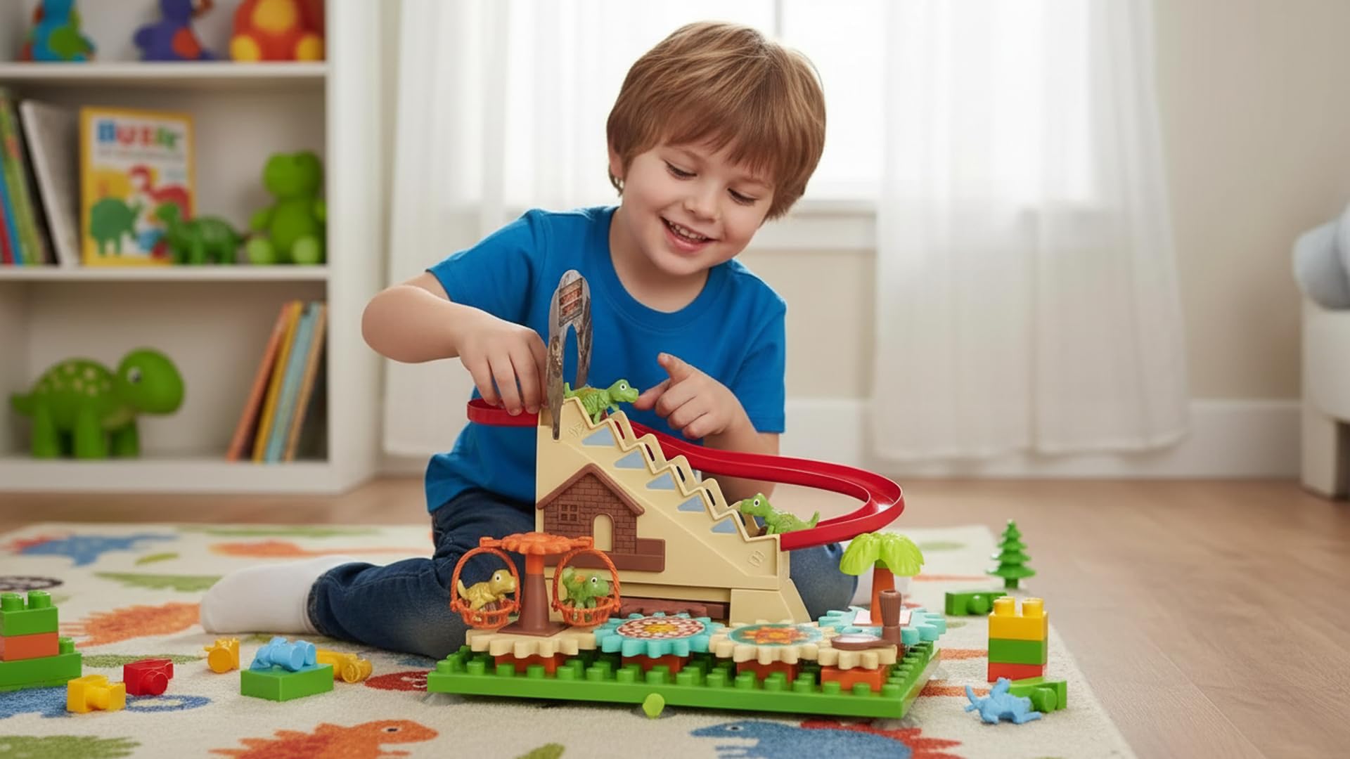 Dinosaur Climbing Stairs Marble Run Toy for Kids, Dino Race Track Building Blocks DIY Play Set, Educational STEM Learning Toy with Gears and Marbles for Boys & Girls Age 3+ 2