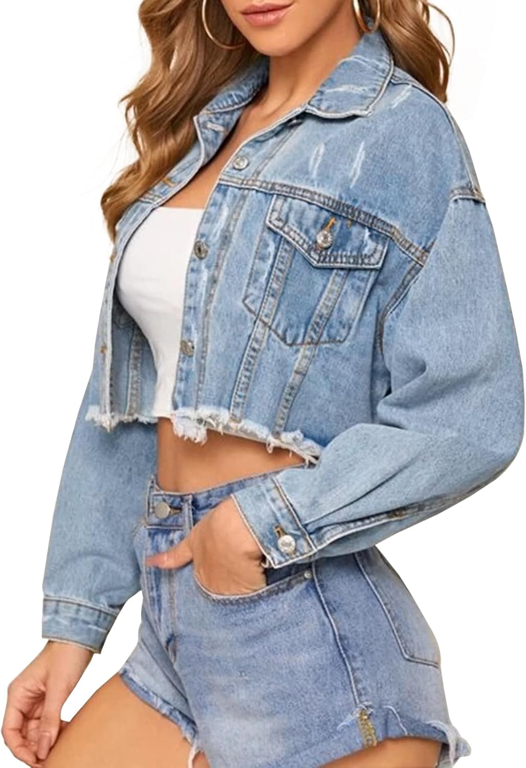 LONGYIDA Women's Cropped Denim Jacket | Distressed Button-Down Jean Jacket | Long Sleeve Ripped & Frayed Blue Coat - Image 3