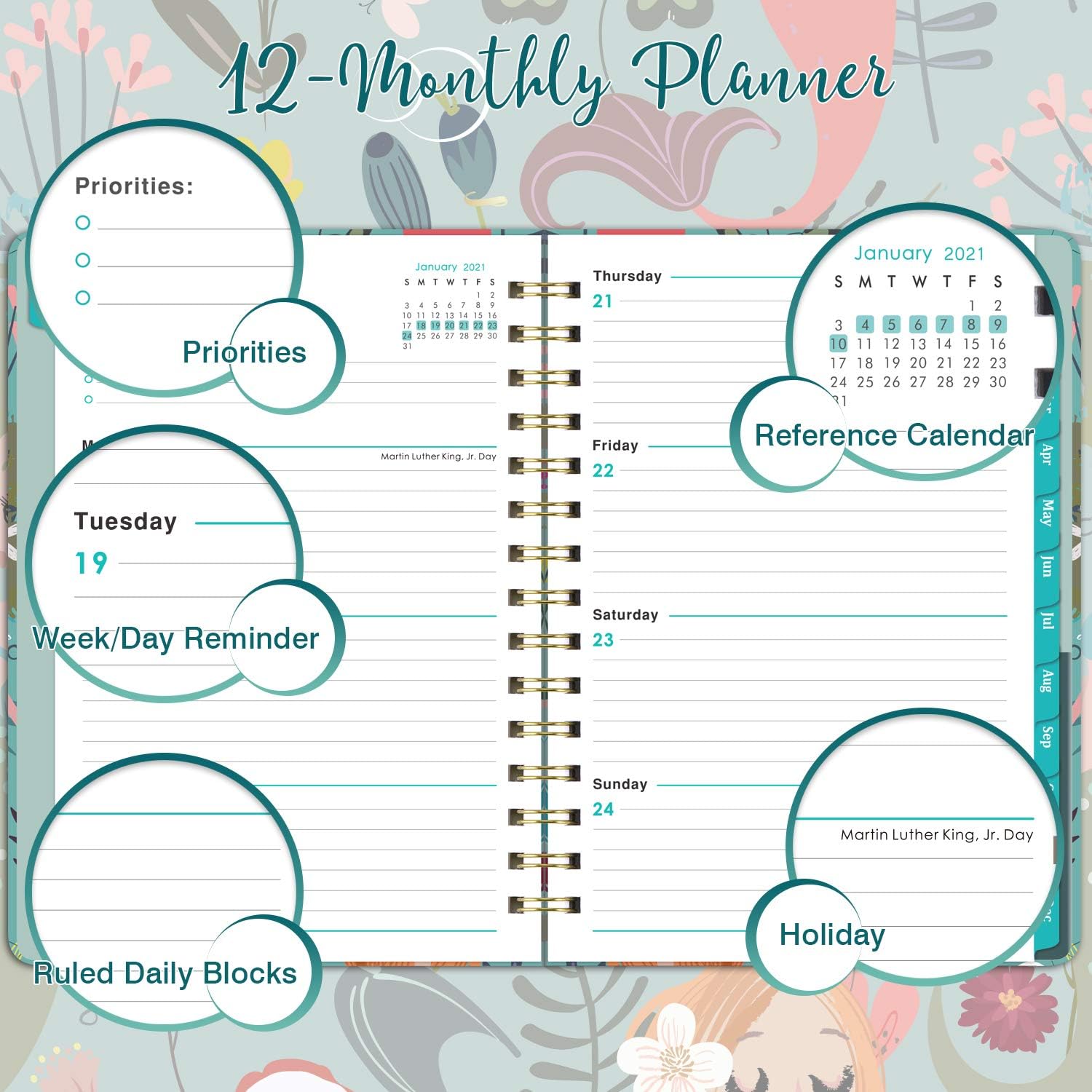 2021 Planner - Weekly & Monthly Planner with Monthly Tabs, Jan 2021 - Dec 2021, 6.4" x 8.5", Flexible Floral Hardcover with Thick Paper, Elastic Closure & Inner Pocket