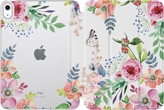 MoKo Case for iPad 10th Generation Case 2022, iPad 10.9 inch Case, Soft TPU Translucent Frosted Back Cover Slim Shell Protective Case with Adjustable Angles, Auto Wake/Sleep, Fragrant Flowers